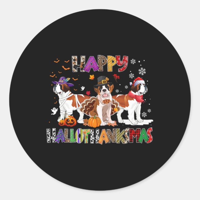 Happy Hallothanksmas Saint Bernard Dog Halloween C Classic Round Sticker (Front)