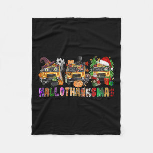 Happy Hallothanksmas School Bus Halloween Merry Ch Fleece Blanket