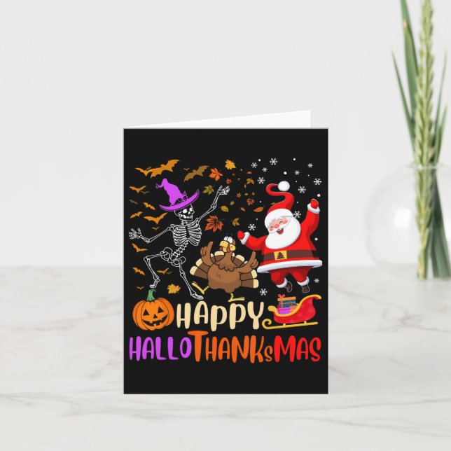 Happy Hallothanksmas Skeleton Pumpkin Turkey Santa Card (Front)