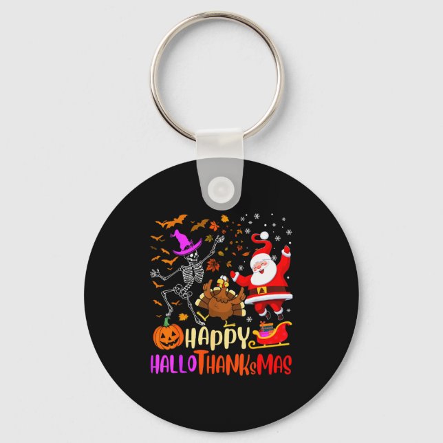 Happy Hallothanksmas Skeleton Pumpkin Turkey Santa Keychain (Front)