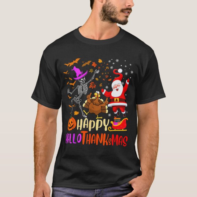 Happy Hallothanksmas Skeleton Pumpkin Turkey Santa T-Shirt (Front)