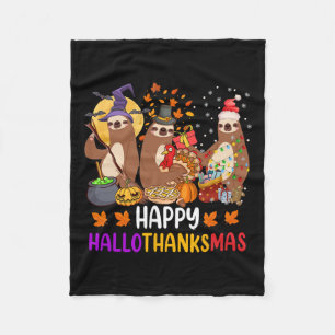 Happy Hallothanksmas Sloth Halloween Christmas Fal Fleece Blanket
