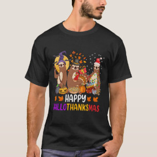 Happy Hallothanksmas Sloth Halloween Christmas Fal T-Shirt