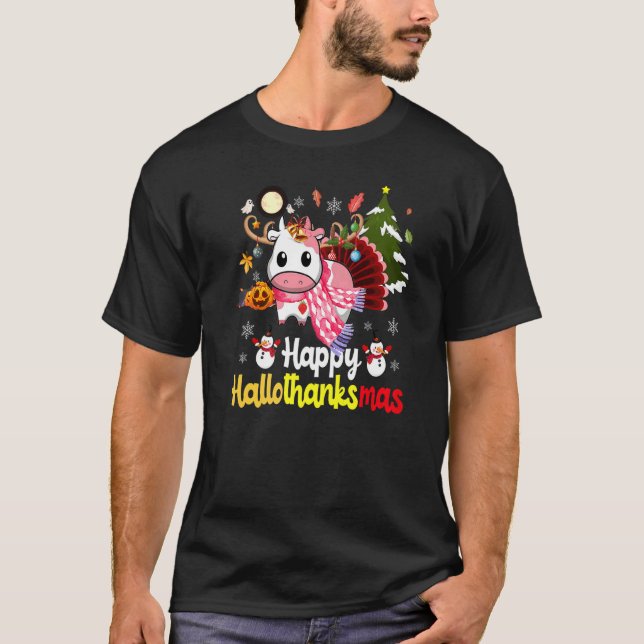 Happy Hallothanksmas Strawberry Cow Thanksgiving C T-Shirt (Front)