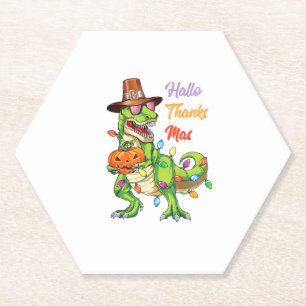 Happy Hallothanksmas T Rex Halloween Thanksgiving  Paper Coaster