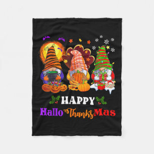Happy Hallothanksmas Three Gnomes Halloween Merry Fleece Blanket