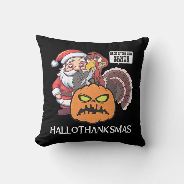 Happy Hallothanksmas Throw Pillow (Front)