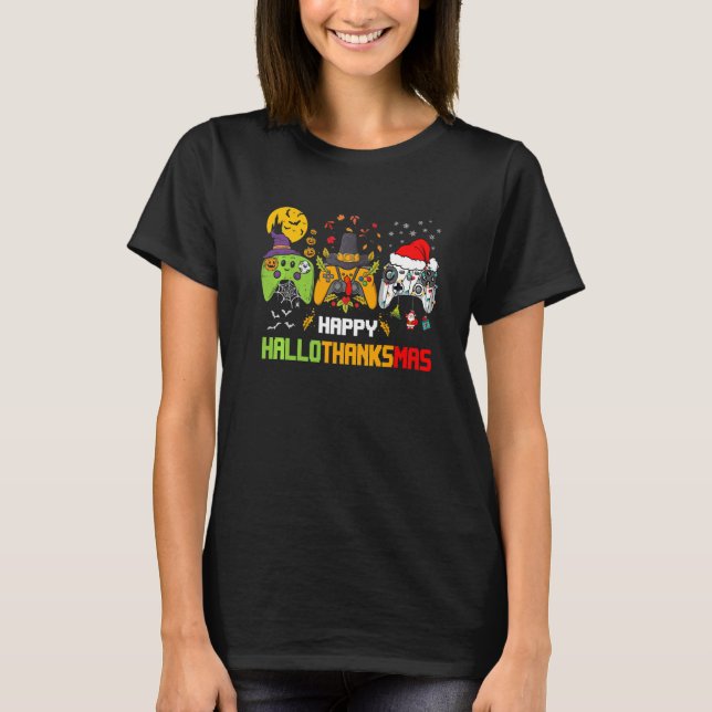 Happy Hallothanksmas Video Games Controller Gaming T-Shirt (Front)