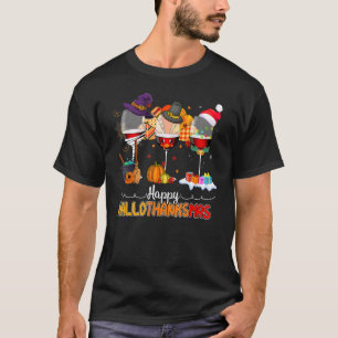 Happy Hallothanksmas Wine Glasses Drinking Lover H T-Shirt