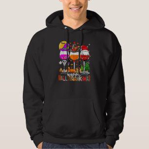Happy Hallothanksmas Wine Glasses Witch Santa Hat Hoodie