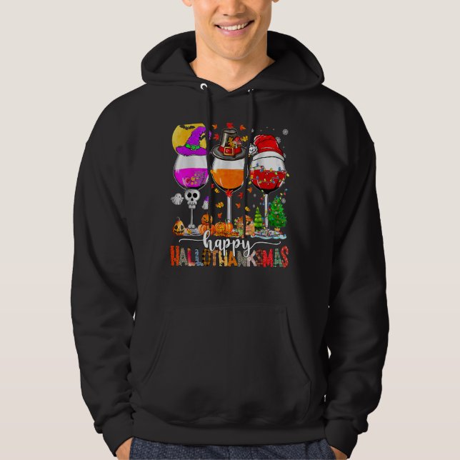 Happy Hallothanksmas Wine Glasses Witch Santa Hat  Hoodie (Front)