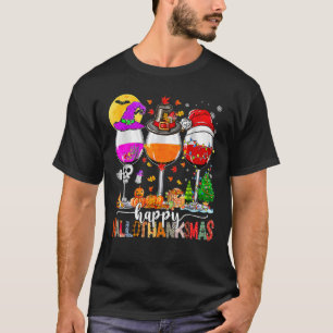 Happy Hallothanksmas Wine Glasses Witch Santa Hat T-Shirt