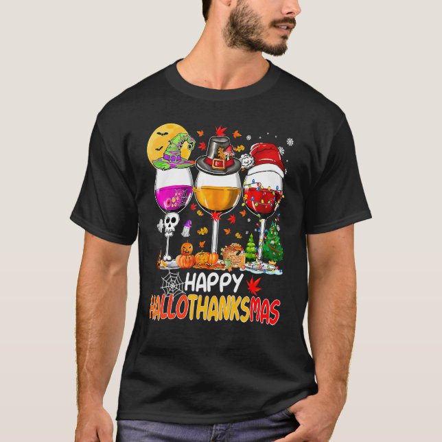Happy Hallothanksmas Wine Glasses Witch Santa Hat  T-Shirt (Front)