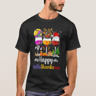 Happy Hallothanksmas Wine Glasses Witch Santa Hat T-Shirt