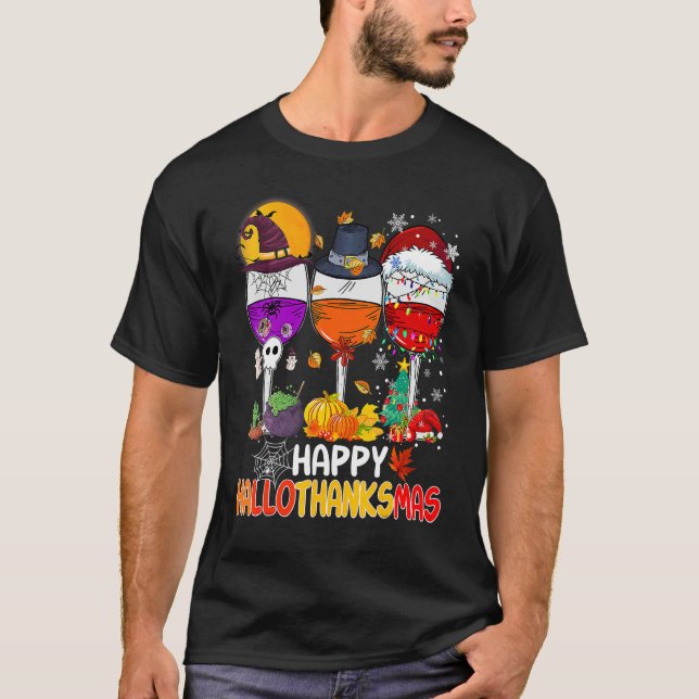 Happy Hallothanksmas Wine Glasses Witch Santa Hat  T-Shirt (Front)