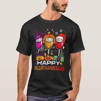 Happy Hallothanksmas Wine Glasses Witch Santa Hat T-Shirt