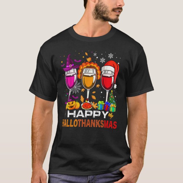 Happy Hallothanksmas Wine Glasses Witch Santa Hat  T-Shirt (Front)