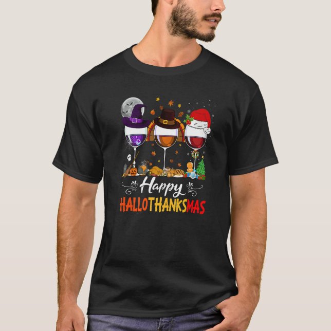 Happy Hallothanksmas Wine Glasses Witch Santa Hat  T-Shirt (Front)