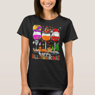 Happy Hallothanksmas Wine Glasses Witch Santa Hat  T-Shirt