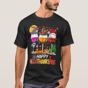 Happy Hallothanksmas Wine Glasses Witch Santa Hat  T-Shirt