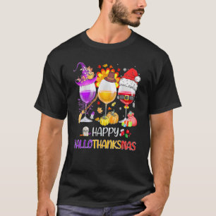 Happy Hallothanksmas Wine Glasses Witch Santa Hat T-Shirt