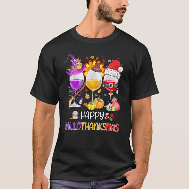 Happy Hallothanksmas Wine Glasses Witch Santa Hat  T-Shirt (Front)