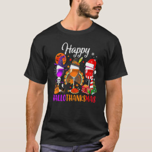 Happy Hallothanksmas Wine Glasses Witch Santa Hat T-Shirt