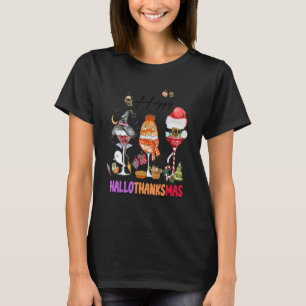 Happy Hallothanksmas Wine Glasses Witch Santa Hat  T-Shirt