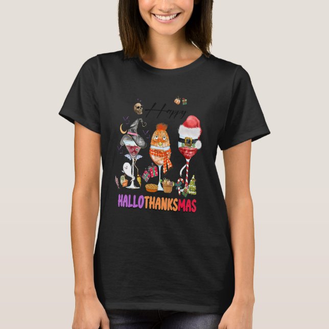 Happy Hallothanksmas Wine Glasses Witch Santa Hat  T-Shirt (Front)