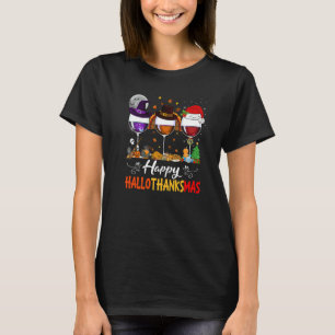 Happy Hallothanksmas Wine Glasses Witch Santa Hat  T-Shirt