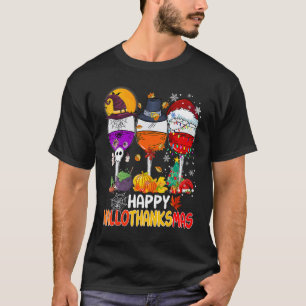 Happy Hallothanksmas Wine Glasses Witch Santa Hat  T-Shirt
