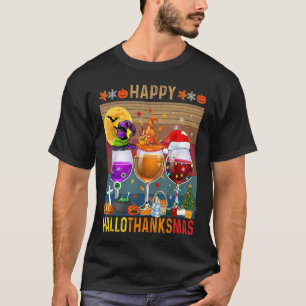 Happy Hallothanksmas, Wine Glasses Witch Santa Hat T-Shirt