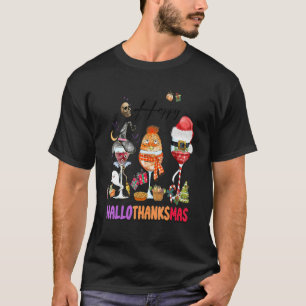 Happy Hallothanksmas Wine Glasses Witch Santa Hat  T-Shirt