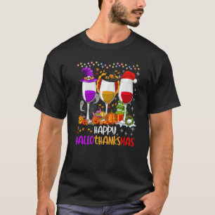 Happy Hallothanksmas Wine Glasses Witch Santa Hat  T-Shirt