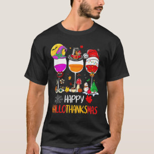 Happy Hallothanksmas Wine Glasses Witch Santa Hat T-Shirt