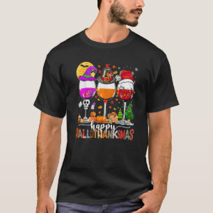Happy Hallothanksmas Wine Glasses Witch Santa Hat  T-Shirt