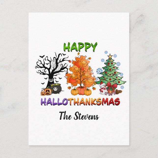 Happy Hallothanksmas with trees Holiday Postcard (Front)