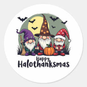 Happy Hallothanksmas Xmas Halloween Gnomes  Classic Round Sticker