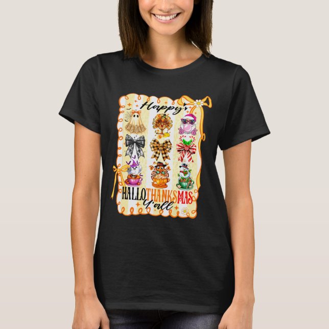 Happy Hallothanksmas Y’all Coquette Bow Halloween  T-Shirt (Front)