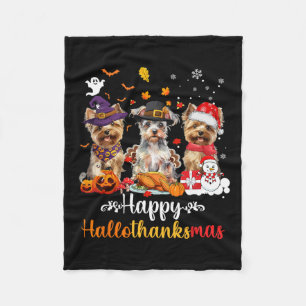 Happy Hallothanksmas Yorkshire Dog Halloween Chris Fleece Blanket