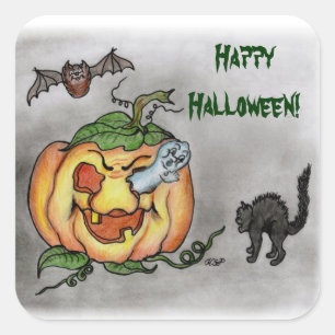 Happy Halloween! 3 Geist Katze Fledermaus Kürbis Square Sticker