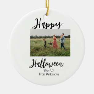 Happy Halloween add family name photo black simple Ceramic Ornament