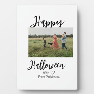 Happy Halloween add family name photo black simple Plaque