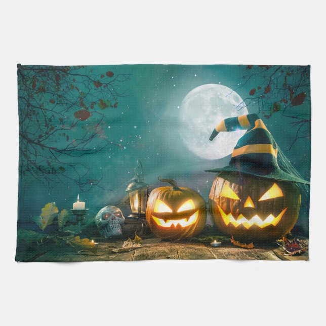Happy Halloween Art Funny Jack O Lantern Halloween Kitchen Towel (Horizontal)