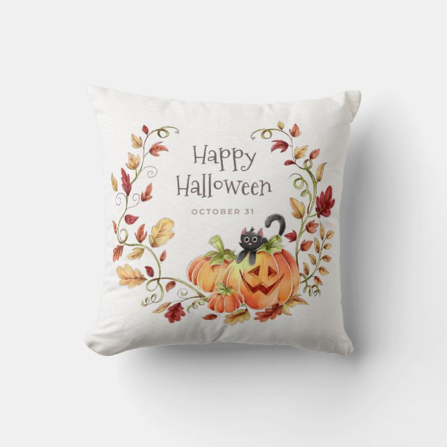 Happy Halloween Autumn Foliage Black Cat  Throw Pillow (Front)