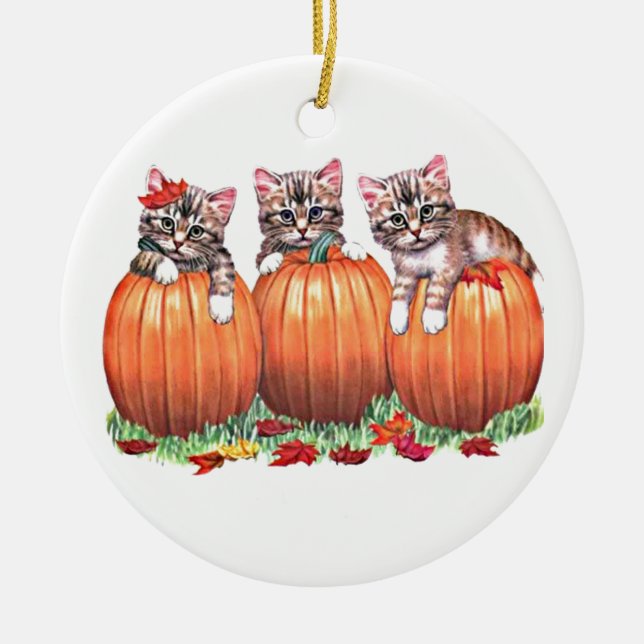 Happy Halloween Autumn Kittens on Pumpkins, ZSSG Ceramic Ornament (Front)