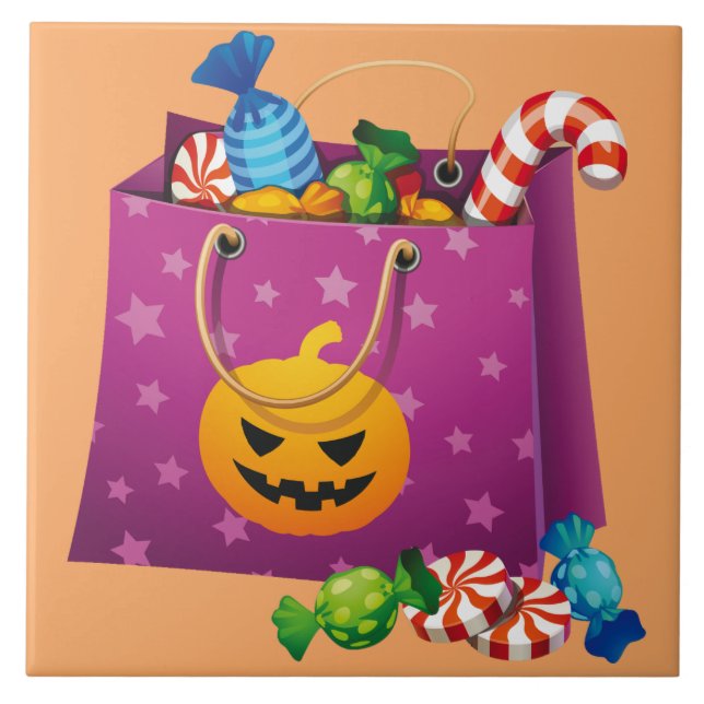Happy Halloween bag full of candy Tile (Front)