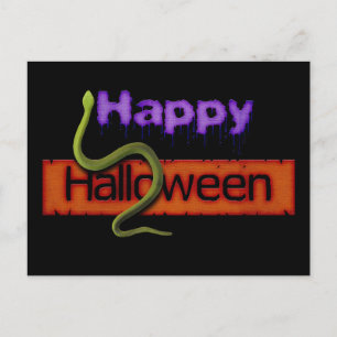 Happy Halloween Banner Text and Green Snake Postcard