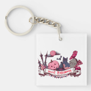 Happy Halloween Banner with Castle, Pumpkin, Black Keychain
