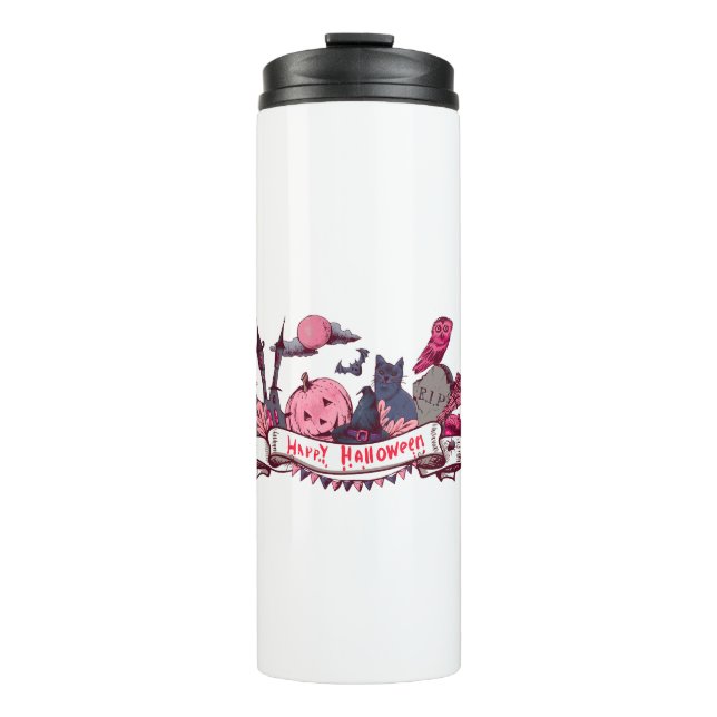 Happy Halloween Banner with Castle, Pumpkin, Black Thermal Tumbler (Front)